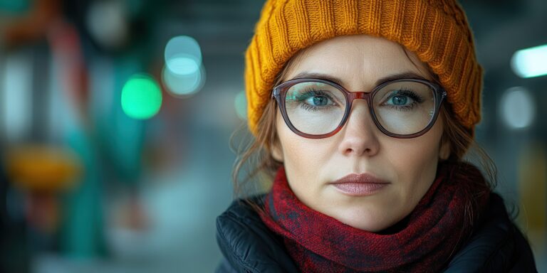 Woman Wearing Glasses Knit Hat Looks Directly Camera City 768x384