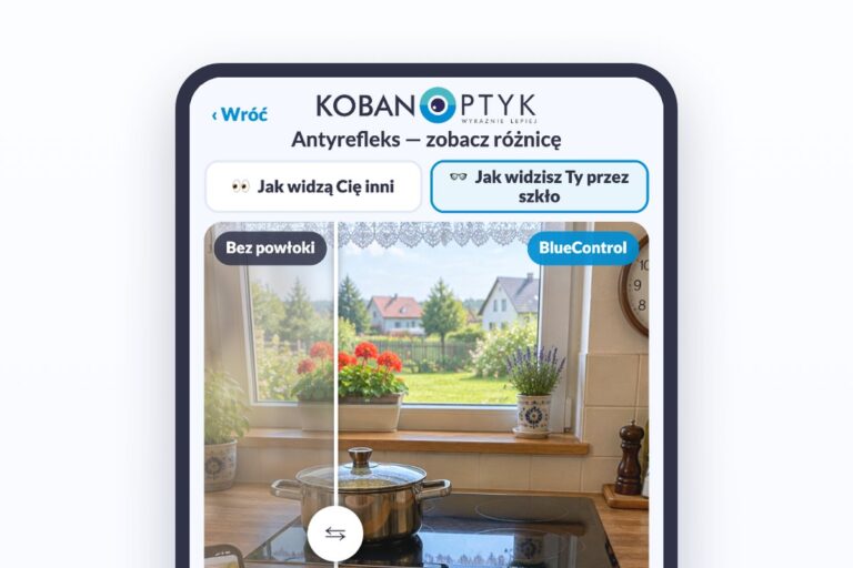 Symulator antyrefleksu KOBAN OPTYK na telefonie – suwak między szkłem bez powłoki i z powłoką