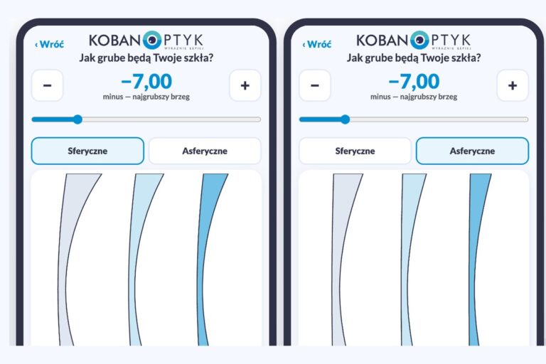 Symulator grubości szkieł KOBAN OPTYK na telefonie: szkła sferyczne i asferyczne przy mocy minus 7