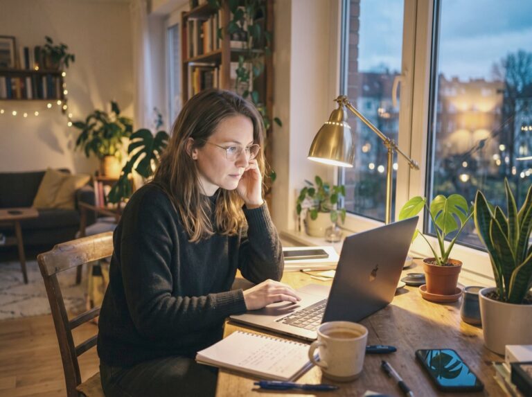 Kobieta w okularach pracuje wieczorem przy laptopie (zdjęcie poglądowe wygenerowane z pomocą AI)