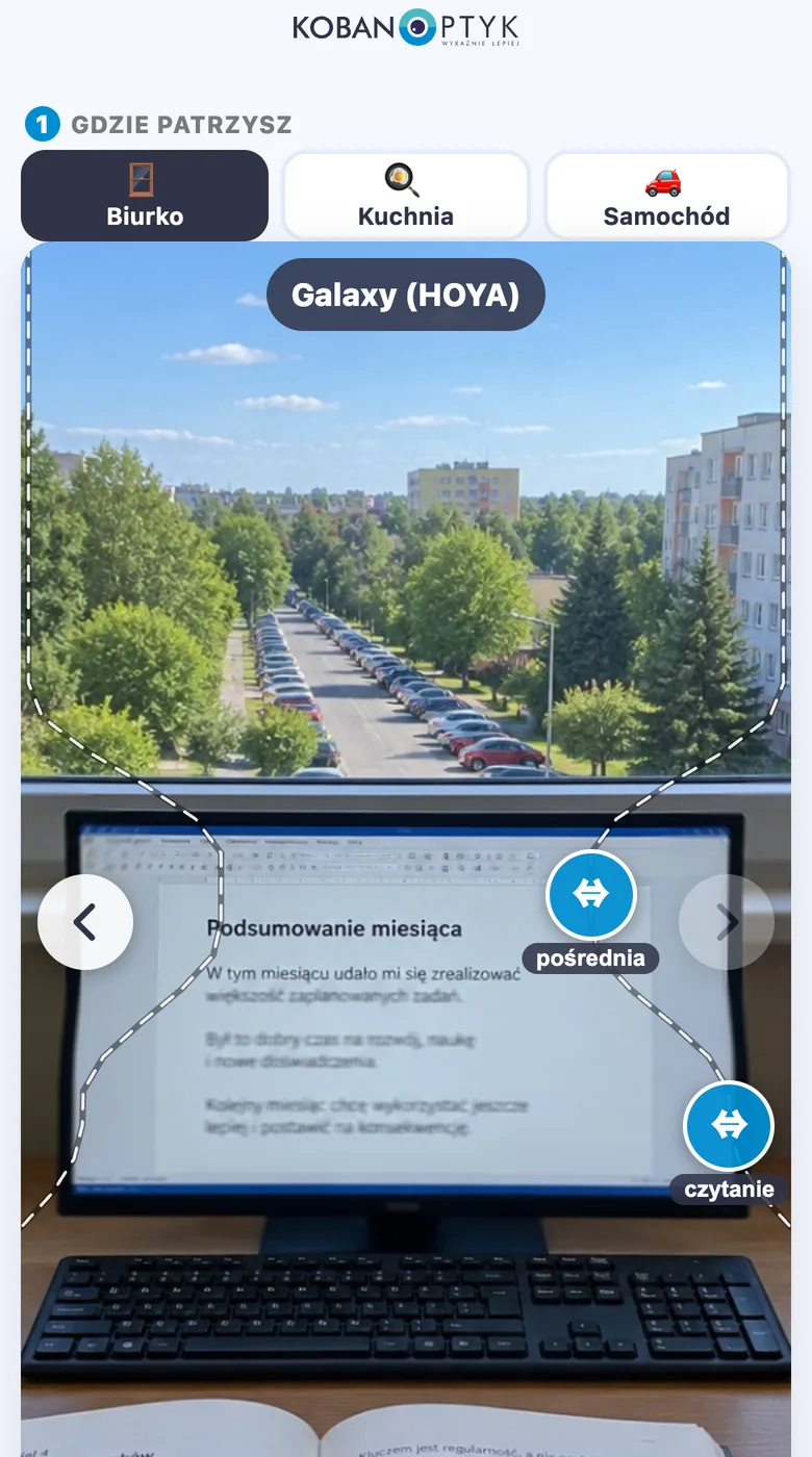 Okulary progresywne – zobacz, jak się przez nie patrzy Symulator okularów progresywnych: poziom Galaxy, biurko – szersze pole ostre