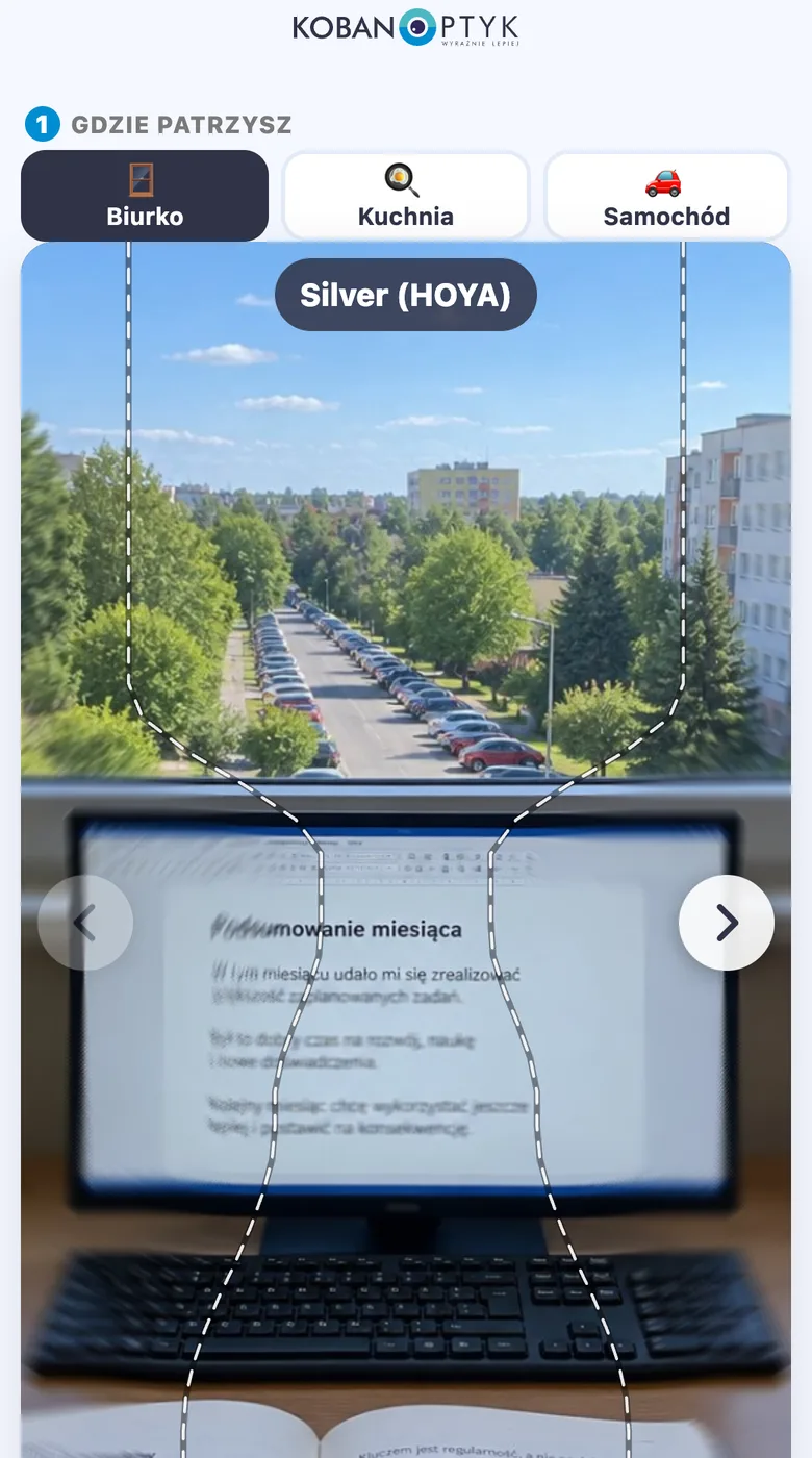 Okulary progresywne – zobacz, jak się przez nie patrzy Symulator okularów progresywnych: poziom Silver, biurko – kreska pokazuje pole ostre