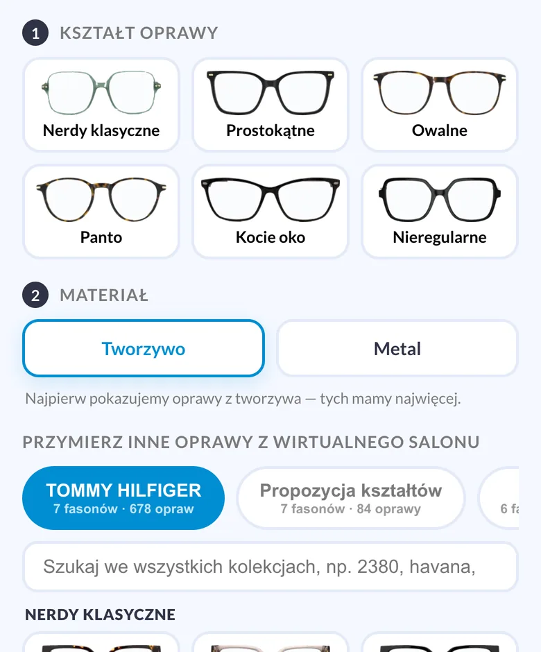 Wirtualna przymierzalnia okularów – przymierz oprawy w telefonie Wybór kształtu i materiału oprawy w wirtualnej przymierzalni KOBAN OPTYK