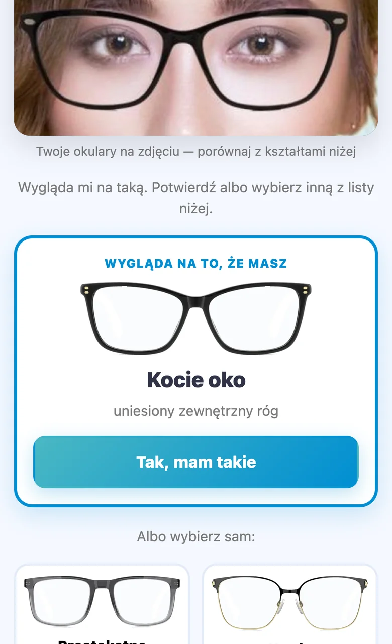 Czy Twoje okulary dobrze leżą? Sprawdź to w telefonie Narzędzie Sprawdź swoje okulary rozpoznaje kształt oprawy ze zdjęcia – kocie oko (twarz wygenerowana przez AI)