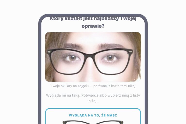 Telefon z narzędziem Sprawdź swoje okulary KOBAN OPTYK: zdjęcie twarzy w okularach i rozpoznany kształt oprawy (twarz wygenerowana przez AI)