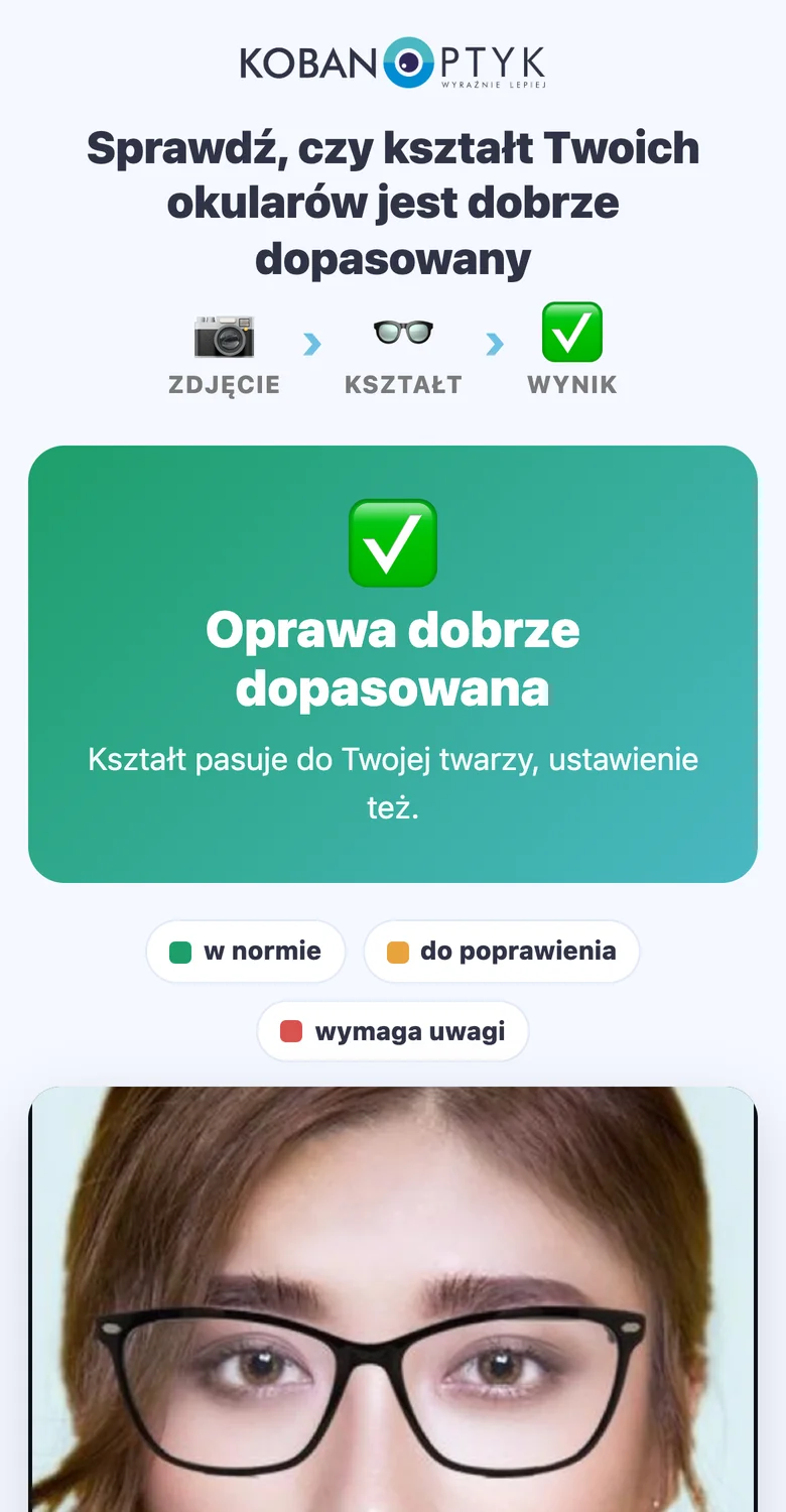 Czy Twoje okulary dobrze leżą? Sprawdź to w telefonie Wynik narzędzia Sprawdź swoje okulary: oprawa dobrze dopasowana (twarz wygenerowana przez AI)