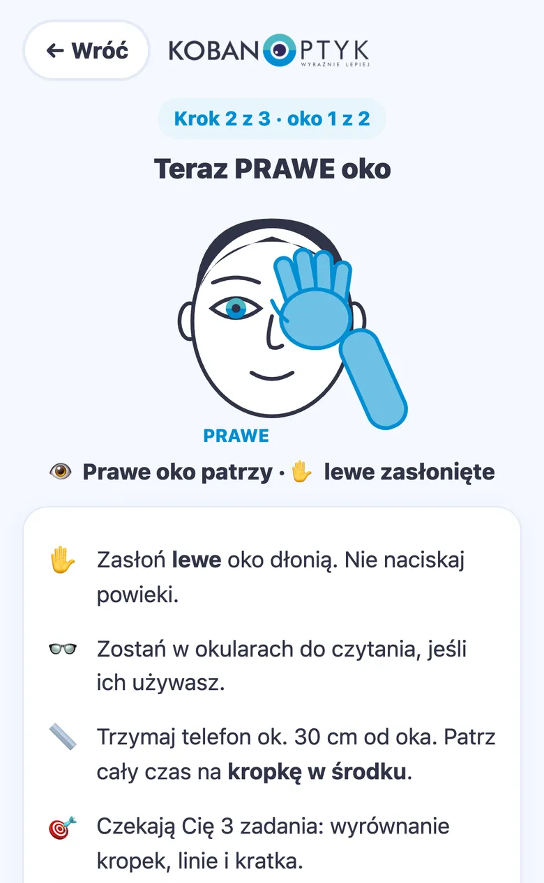 Ekran testu z instrukcją zasłonięcia lewego oka w teście plamki żółtej KOBAN OPTYK