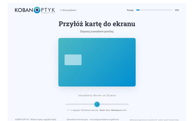 Test wzroku online – sprawdź wzrok przy komputerze w 3 minuty Ekran testu wzroku KOBAN OPTYK: karta płatnicza ustawia rozmiar liter