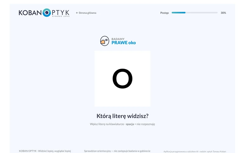 Test wzroku online – sprawdź wzrok przy komputerze w 3 minuty Ekran testu wzroku KOBAN OPTYK: pytanie Którą literę widzisz