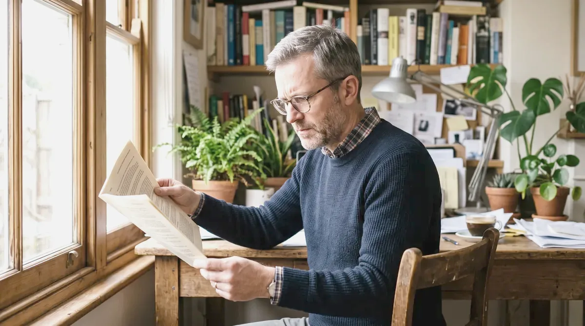 Gotowe okulary z apteki za 30 zł – kiedy wystarczą, a kiedy szkodzą Mężczyzna czyta dokument na wyciągnięcie ręki