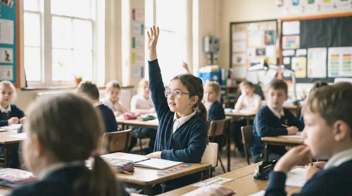 Dziecko skarży się na ból głowy po lekcjach – kiedy winny jest wzrok Dziewczynka w okularach podnosi rękę w klasie