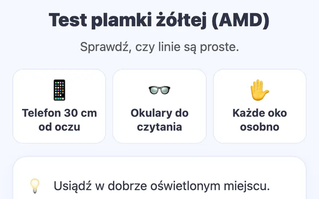 Test AMD i siatka Amslera — ekran narzędzia online KOBAN OPTYK